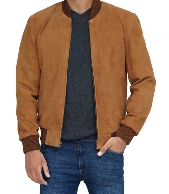 Mens Bomber Brown Suede Leather Jacket