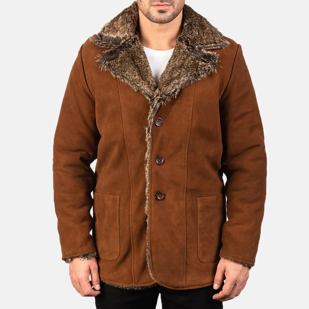 brown Men's leather coat with a fashionable collar and cuffs in shearling material.