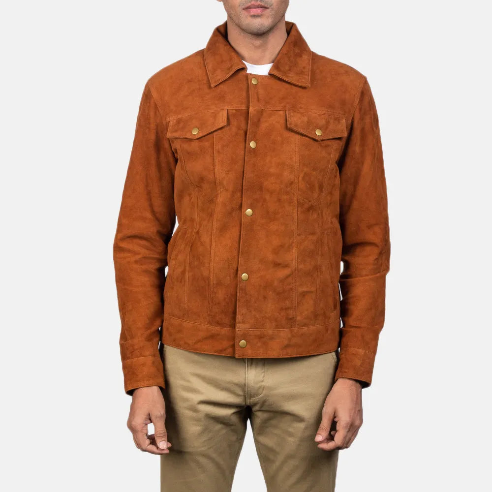 Brown suede jacket men, made from soft suede fabric.