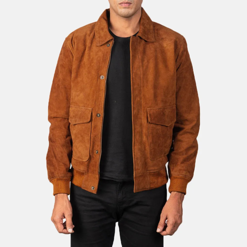 Luxurious brown suede bomber jacket, perfect for stylish men