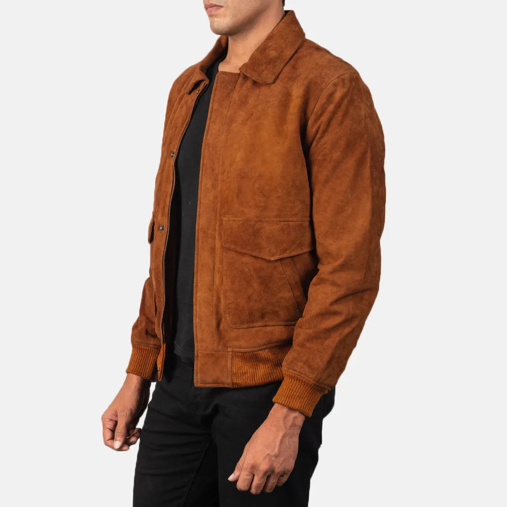 Luxurious brown suede bomber jacket, perfect for stylish men