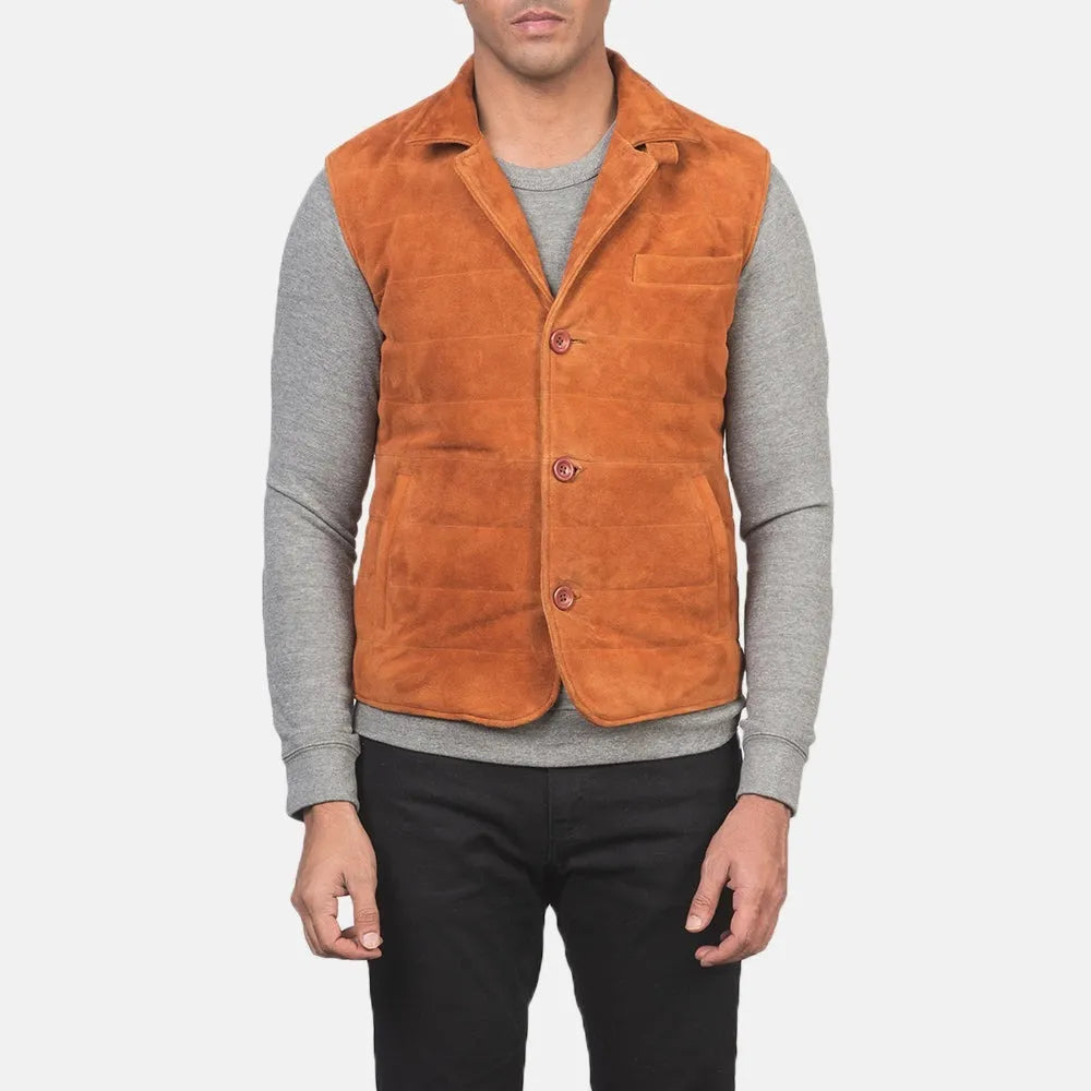 A sleek brown suede vest, stylish leather vest for men.