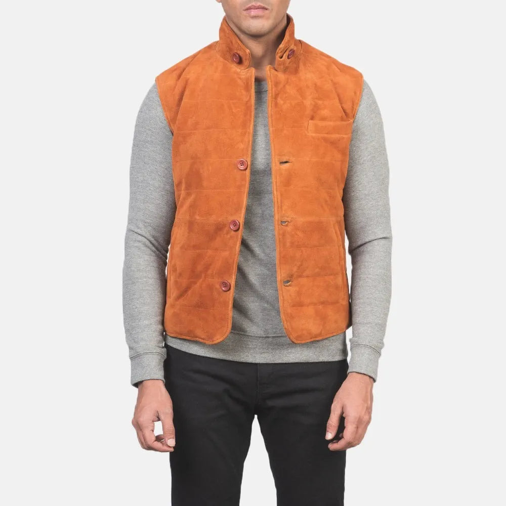 A sleek brown suede vest, stylish leather vest for men.
